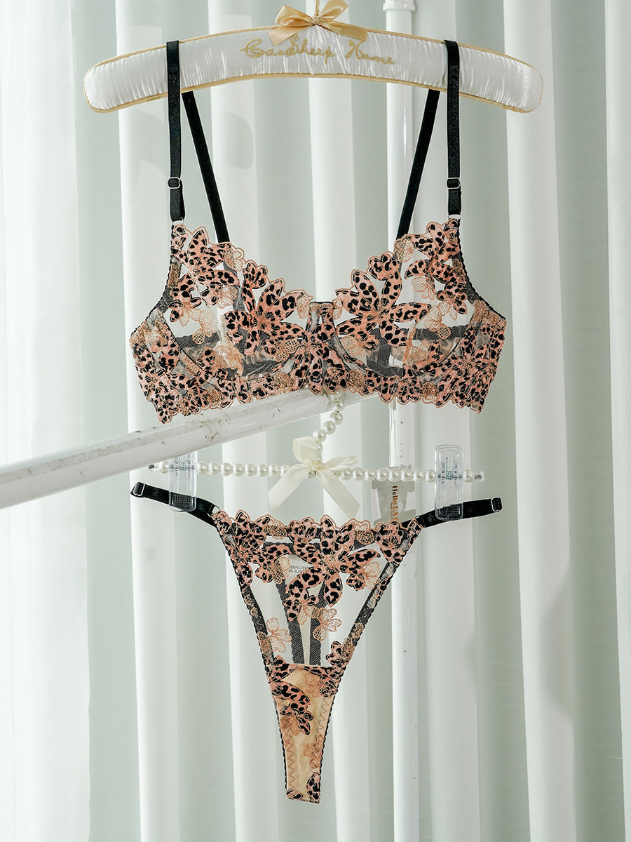 Leopard Print Lace Lingerie Set With Floral Details Hello.LA.Girl